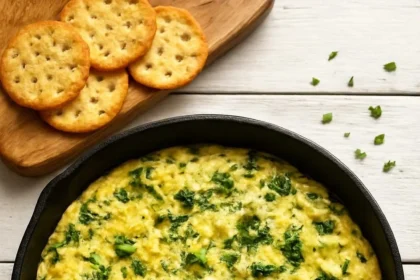 Creamy cheesy kale artichoke dip with white beans served in a bowl.