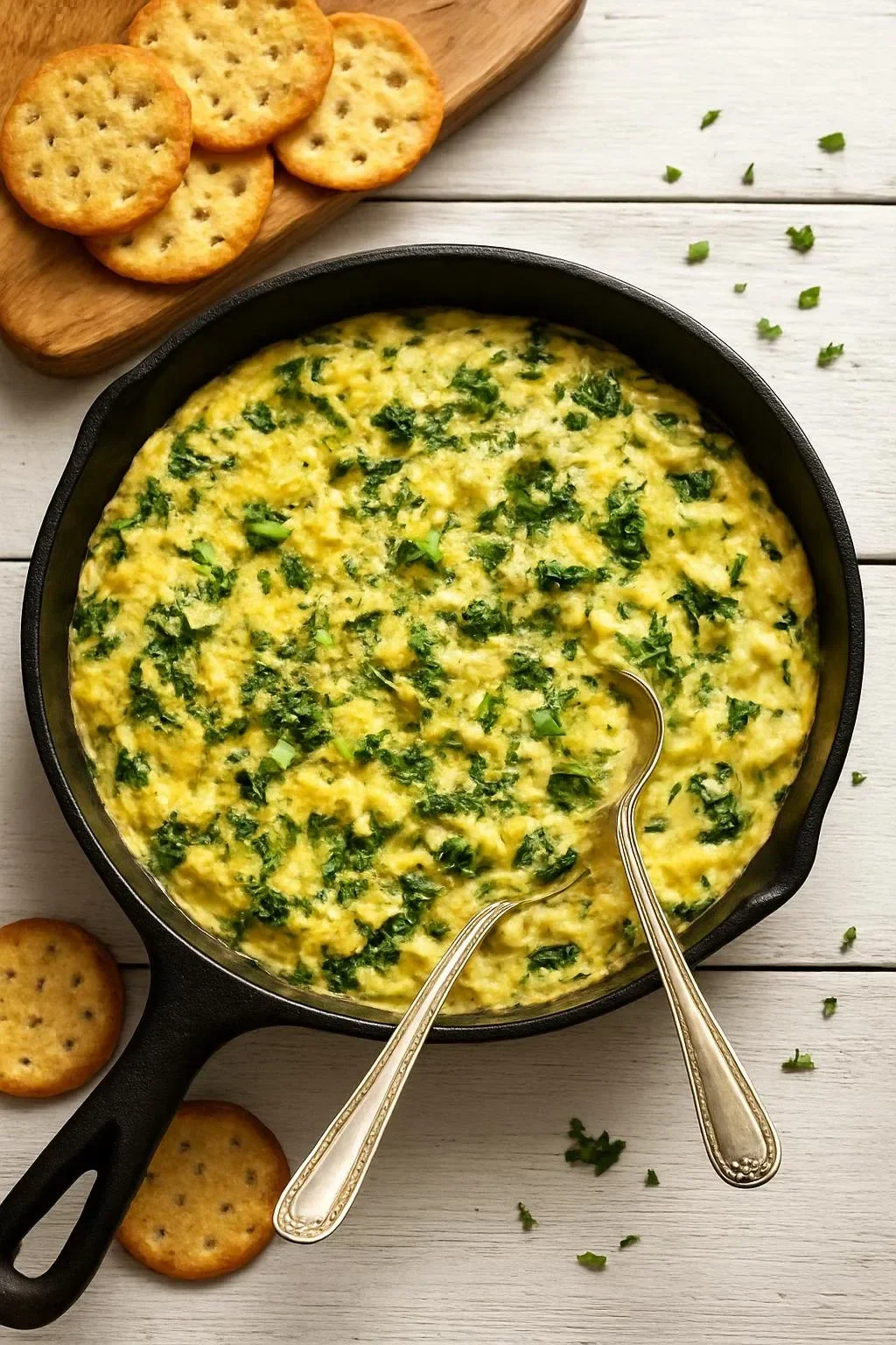 Creamy cheesy kale artichoke dip with white beans served in a bowl.