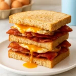 Plate of crispy bacon served with runny eggs for a perfect breakfast