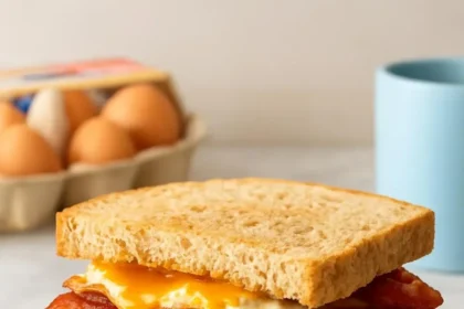 Plate of crispy bacon served with runny eggs for a perfect breakfast