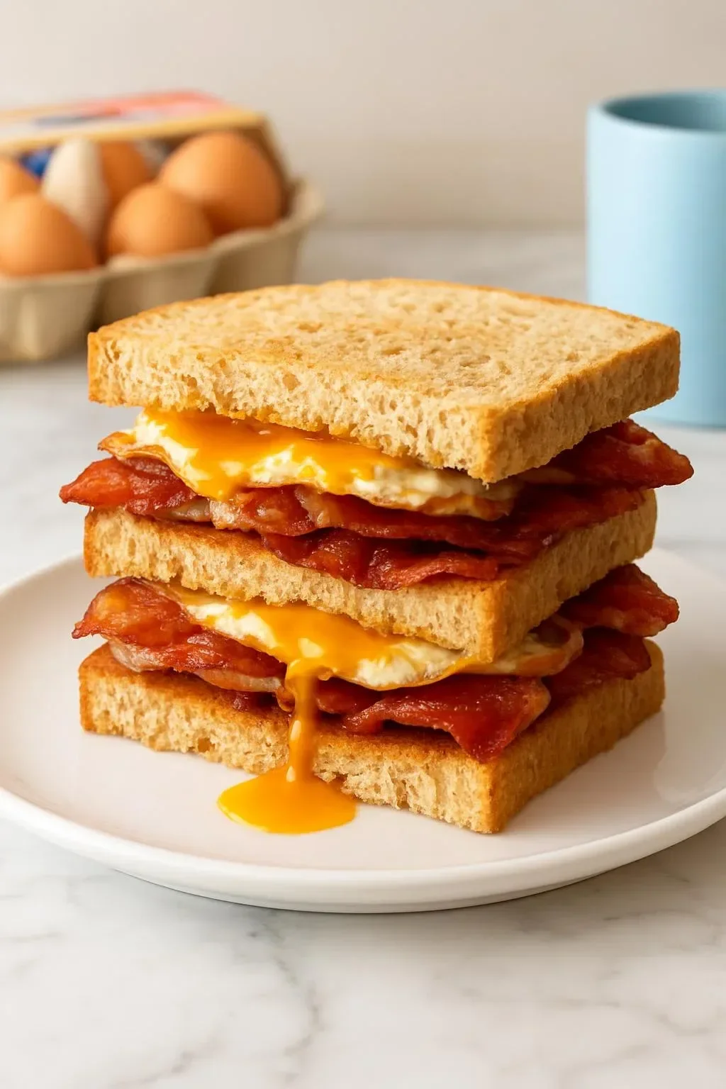 Plate of crispy bacon served with runny eggs for a perfect breakfast