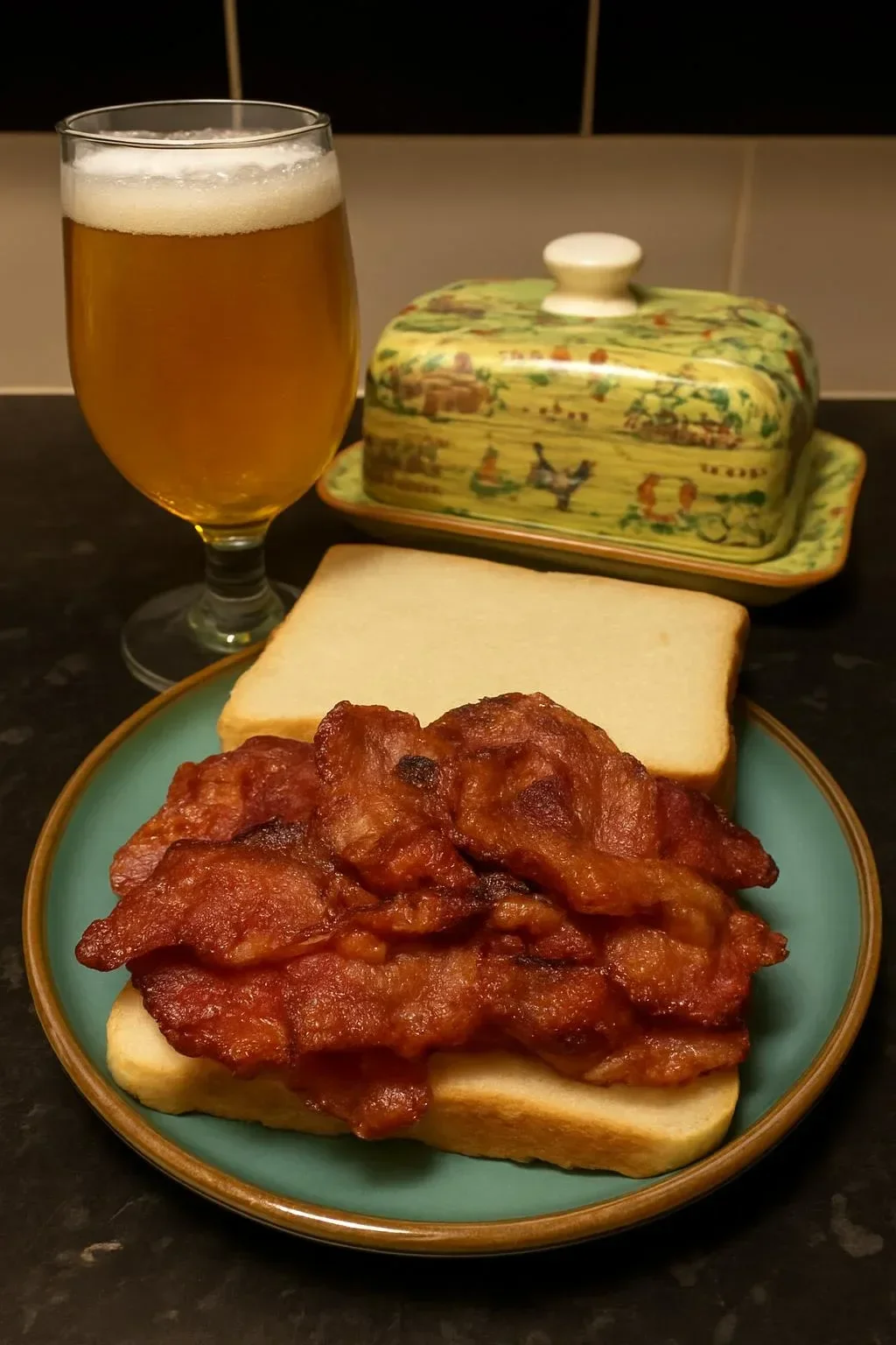 Crispy bacon sandwich served on a toasted bread with fresh ingredients