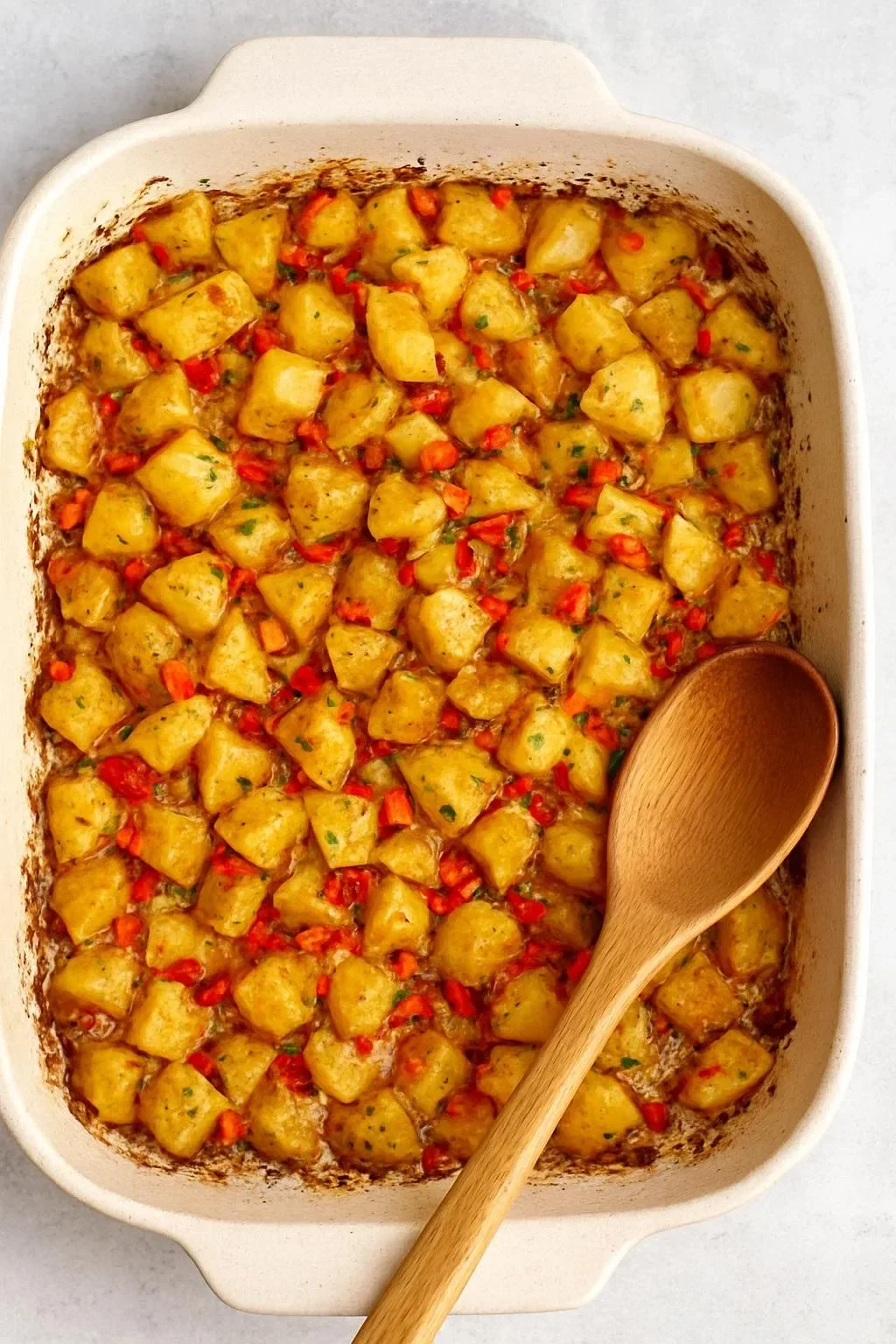Crispy baked breakfast potatoes served in a bowl, garnished with herbs.