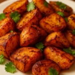 Crispy roast potatoes garnished with herbs, golden brown and ready to serve.