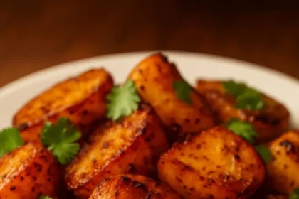 Crispy roast potatoes garnished with herbs, golden brown and ready to serve.