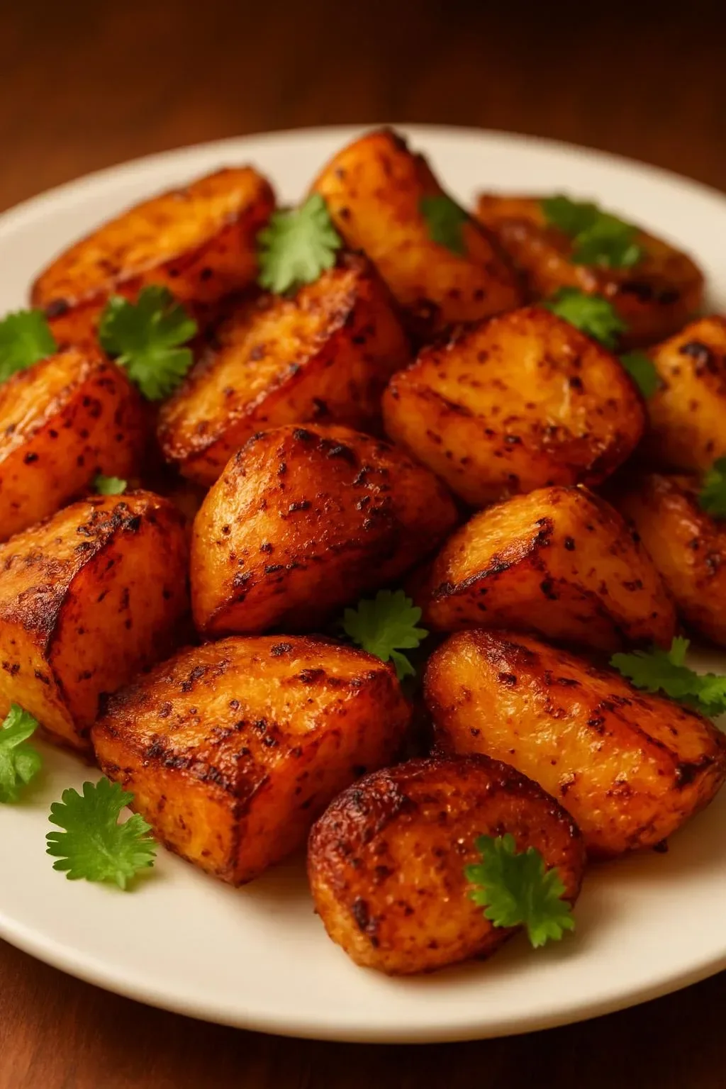 Crispy roast potatoes garnished with herbs, golden brown and ready to serve.