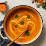 Bowl of curried cauliflower lentil soup garnished with herbs