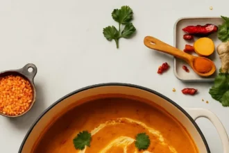 Bowl of curried cauliflower lentil soup garnished with herbs