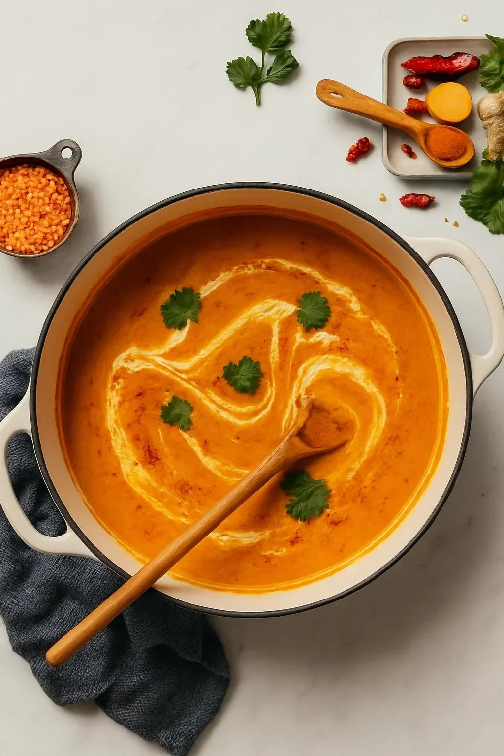 Bowl of curried cauliflower lentil soup garnished with herbs