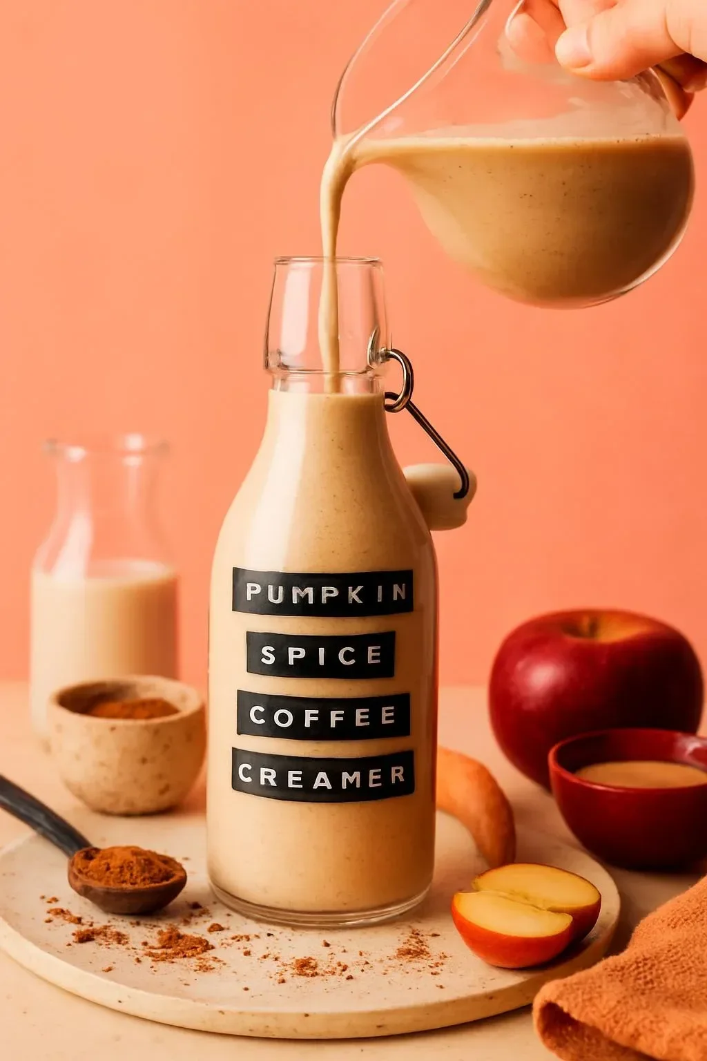 Dairy-free pumpkin spice coffee creamer in a bottle with coffee cup.