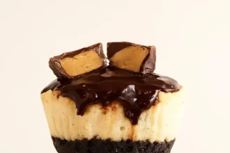 EASY vegan peanut butter cup cheesecakes topped with chocolate and peanuts