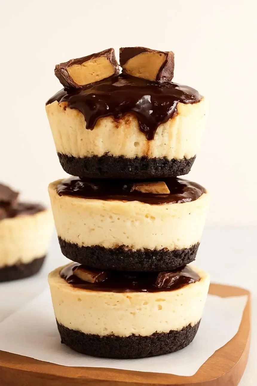 EASY vegan peanut butter cup cheesecakes topped with chocolate and peanuts