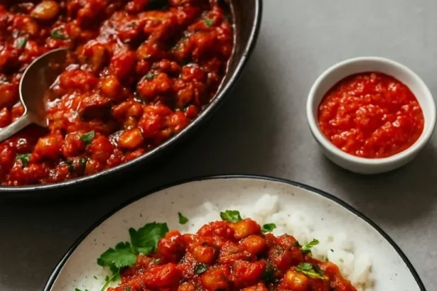 Bowl of Eggplant Tomato Stew garnished with fresh herbs