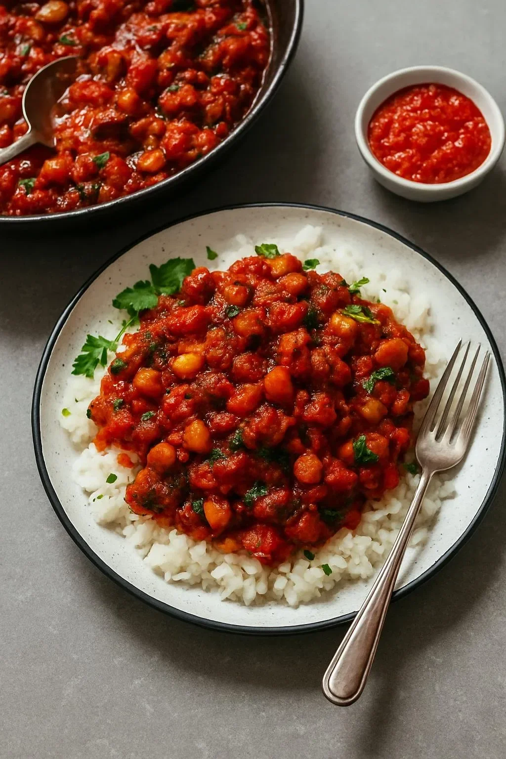 Bowl of Eggplant Tomato Stew garnished with fresh herbs