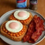 Fried eggs on burgers accompanied by beans on toast and crispy bacon