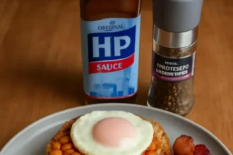 Fried eggs on burgers accompanied by beans on toast and crispy bacon