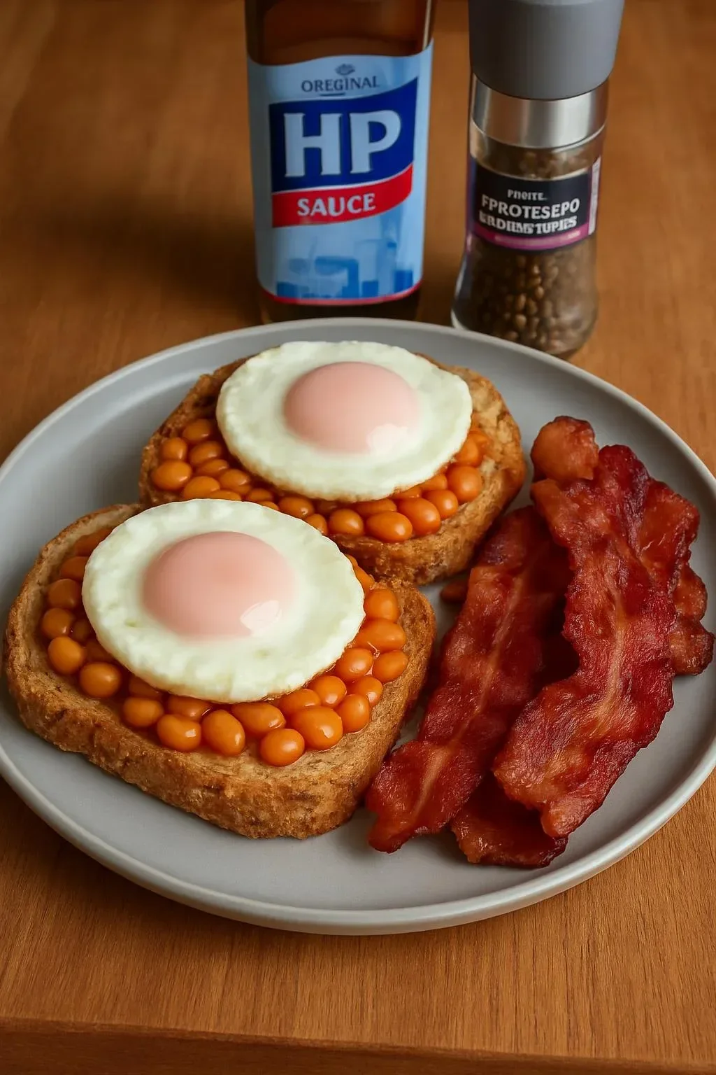 Fried eggs on burgers accompanied by beans on toast and crispy bacon