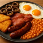 A spread of a traditional English Breakfast featuring eggs, bacon, and beans.