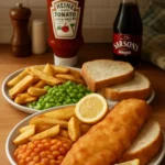 Delicious plate of fish and chips with crispy fish and golden fries