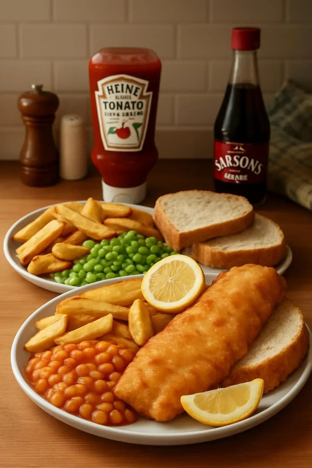 Delicious plate of fish and chips with crispy fish and golden fries
