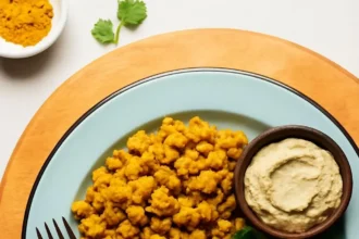 Fluffy chickpea scramble served on a plate with fresh herbs and vegetables.