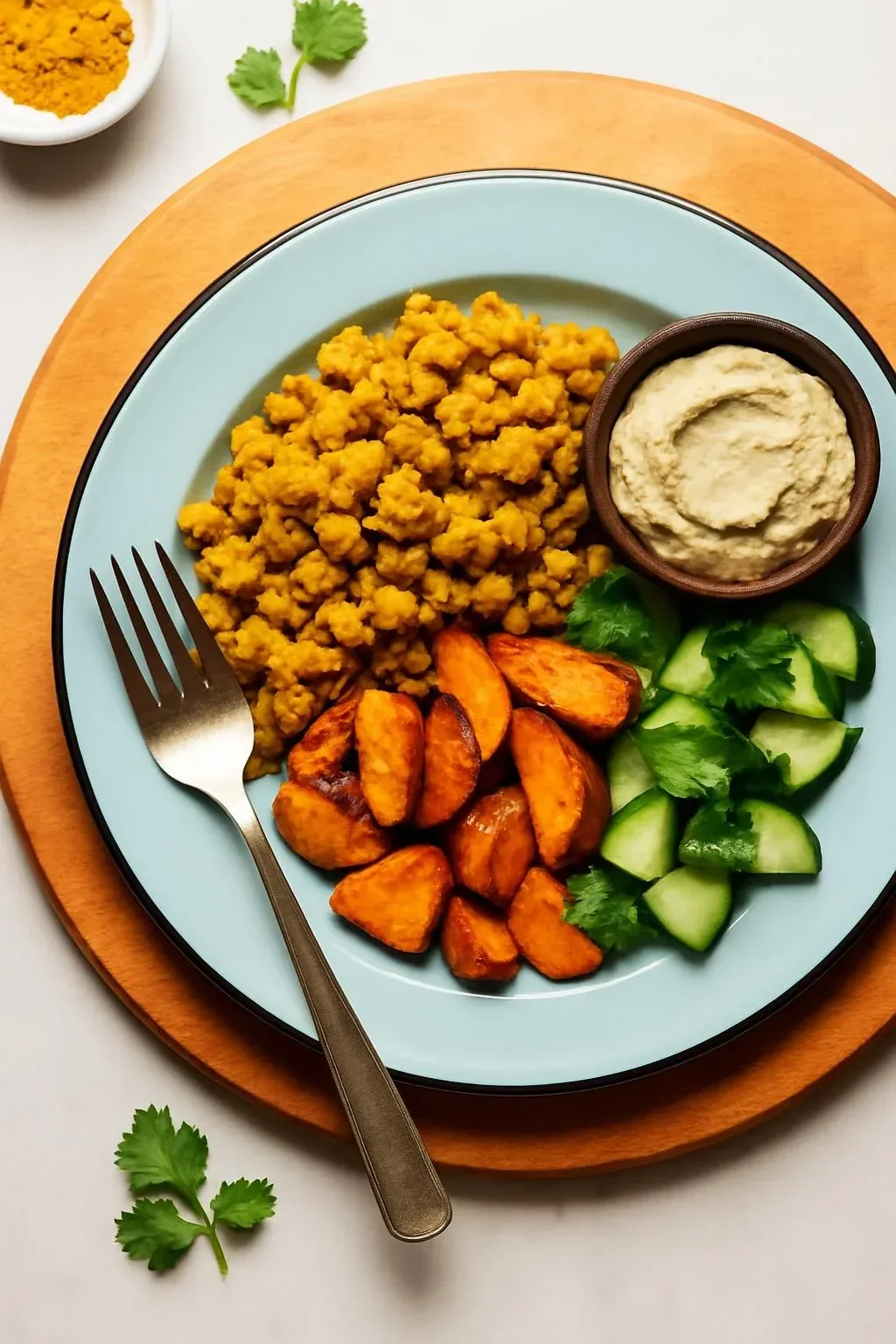 Fluffy chickpea scramble served on a plate with fresh herbs and vegetables.