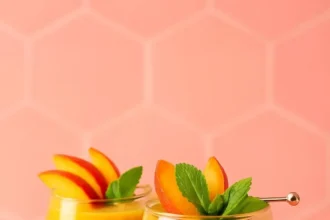 A delicious Frozen Peach Daiquiri garnished with peach slices and mint.