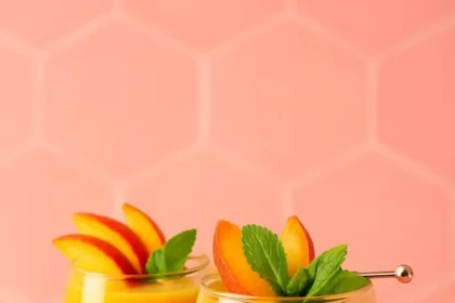 A delicious Frozen Peach Daiquiri garnished with peach slices and mint.