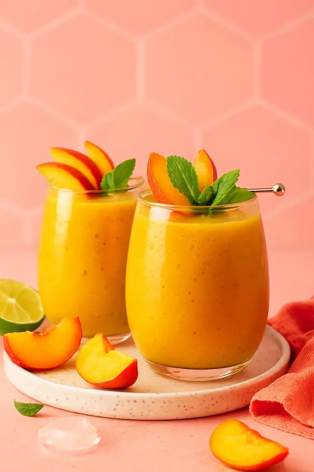 A delicious Frozen Peach Daiquiri garnished with peach slices and mint.