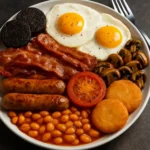 A delicious traditional Fry-Up breakfast with eggs, bacon, and sausages.