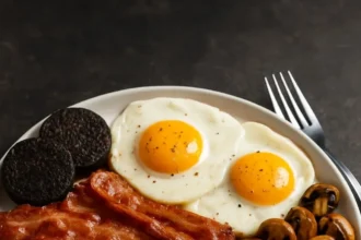 A delicious traditional Fry-Up breakfast with eggs, bacon, and sausages.
