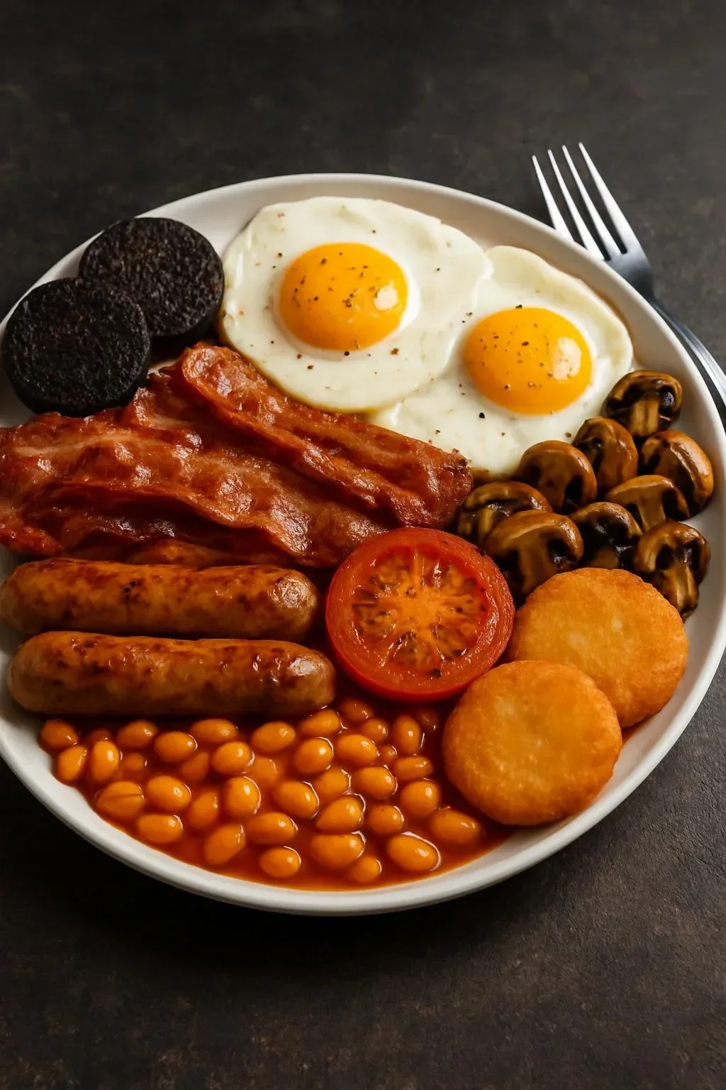 A delicious traditional Fry-Up breakfast with eggs, bacon, and sausages.
