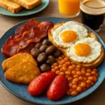 Full English Breakfast with sausages, eggs, beans, and toast served on a plate