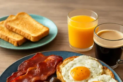 Full English Breakfast with sausages, eggs, beans, and toast served on a plate