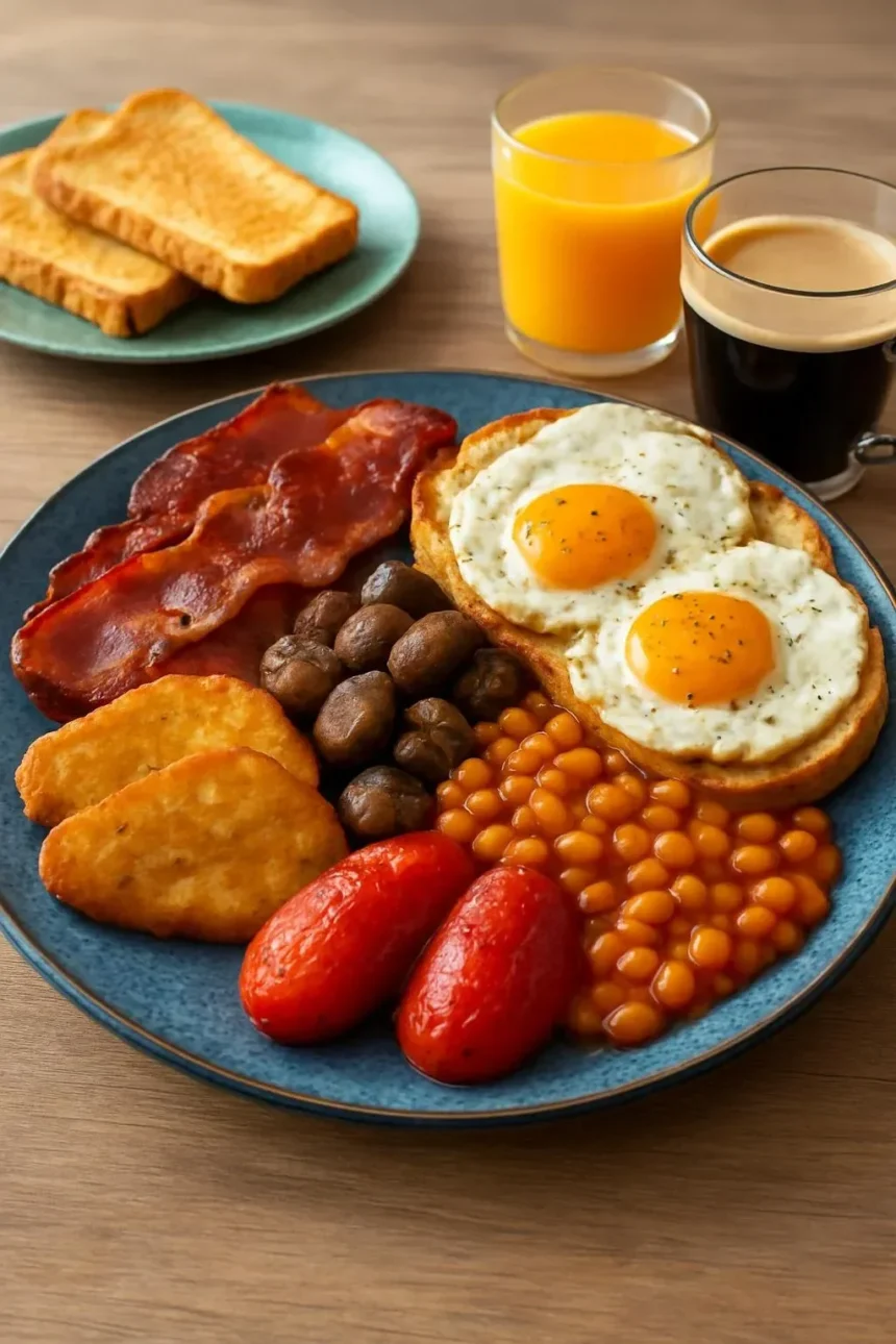 Full English Breakfast with sausages, eggs, beans, and toast served on a plate