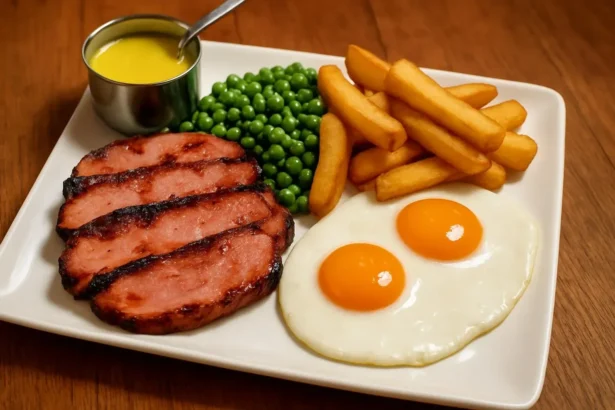 Delicious Gammon Egg Chips served with crispy fries and a sunny-side-up egg