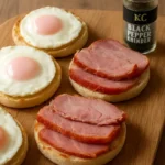 Plate of Gammon and Eggs served with vegetables