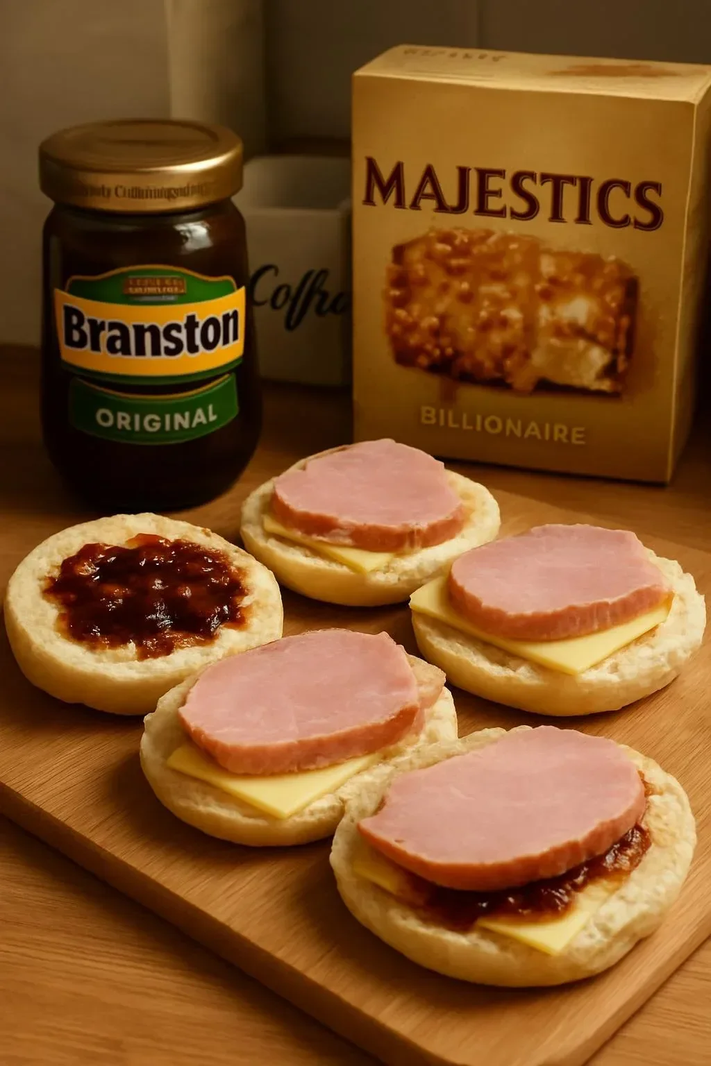 Delicious gammon rolls with cheese and pickle on a serving plate.