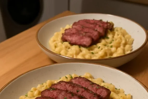 Delicious Garlic Steak served with creamy Parmesan pasta on a plate.