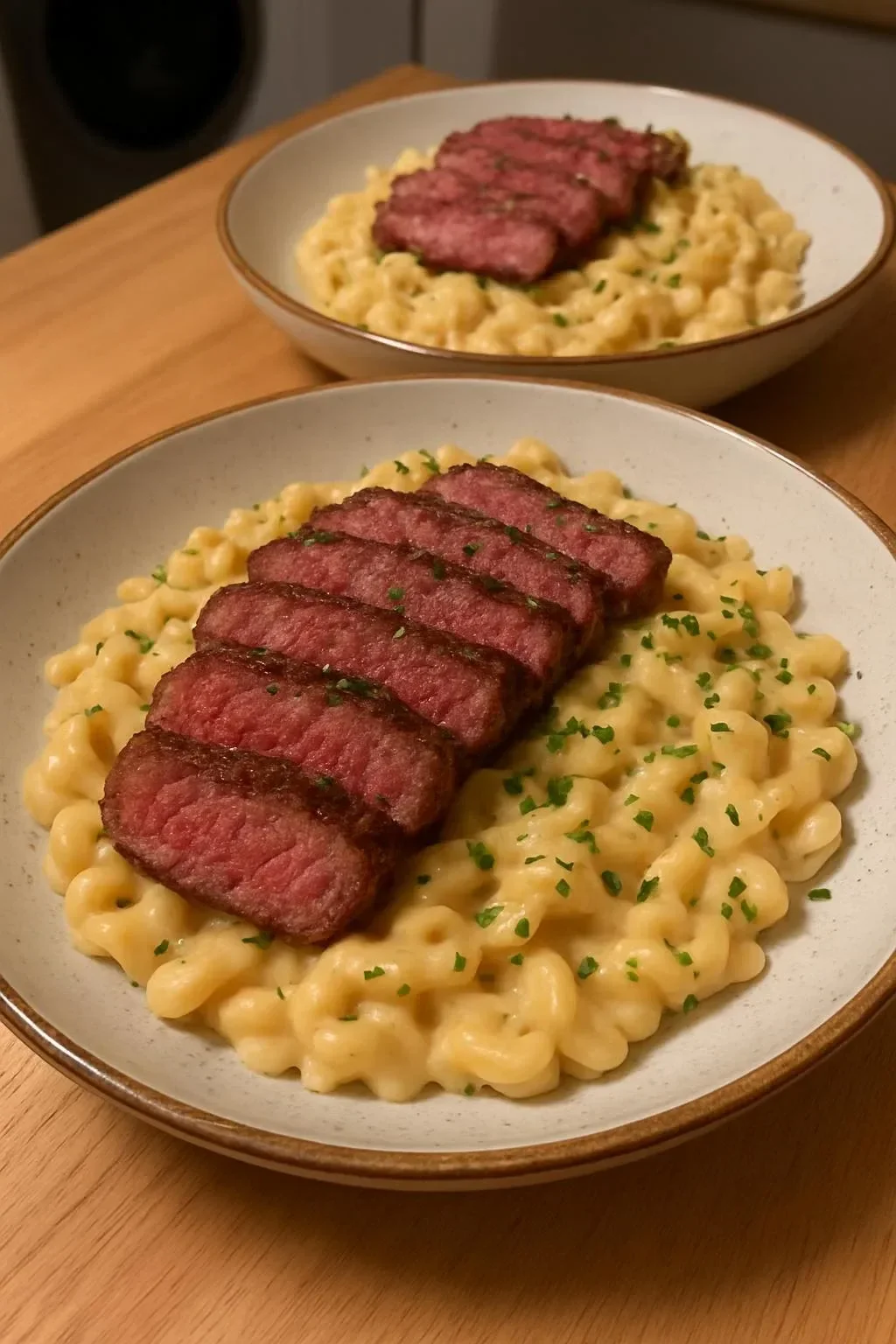 Delicious Garlic Steak served with creamy Parmesan pasta on a plate.