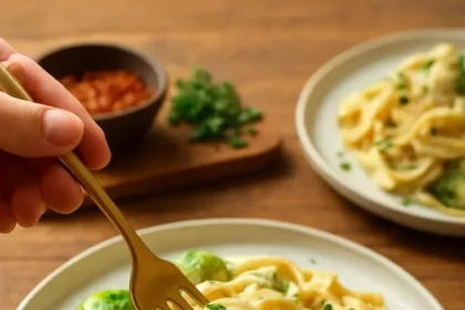 Garlic pasta with white wine and roasted Brussels sprouts served in a bowl.