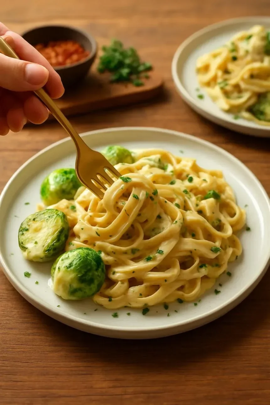 Garlic pasta with white wine and roasted Brussels sprouts served in a bowl.