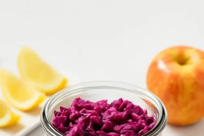 Homemade ginger apple sauerkraut in a glass jar with fresh apples and ginger