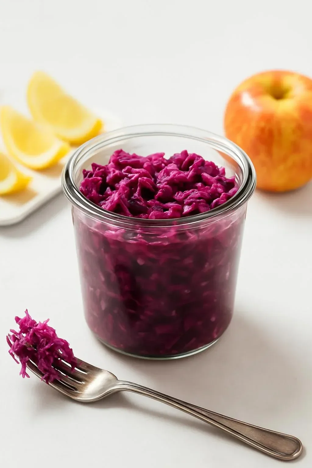 Homemade ginger apple sauerkraut in a glass jar with fresh apples and ginger