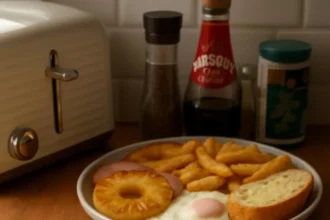 Plate of Ham and Egg Chips with Grilled Pineapple garnish
