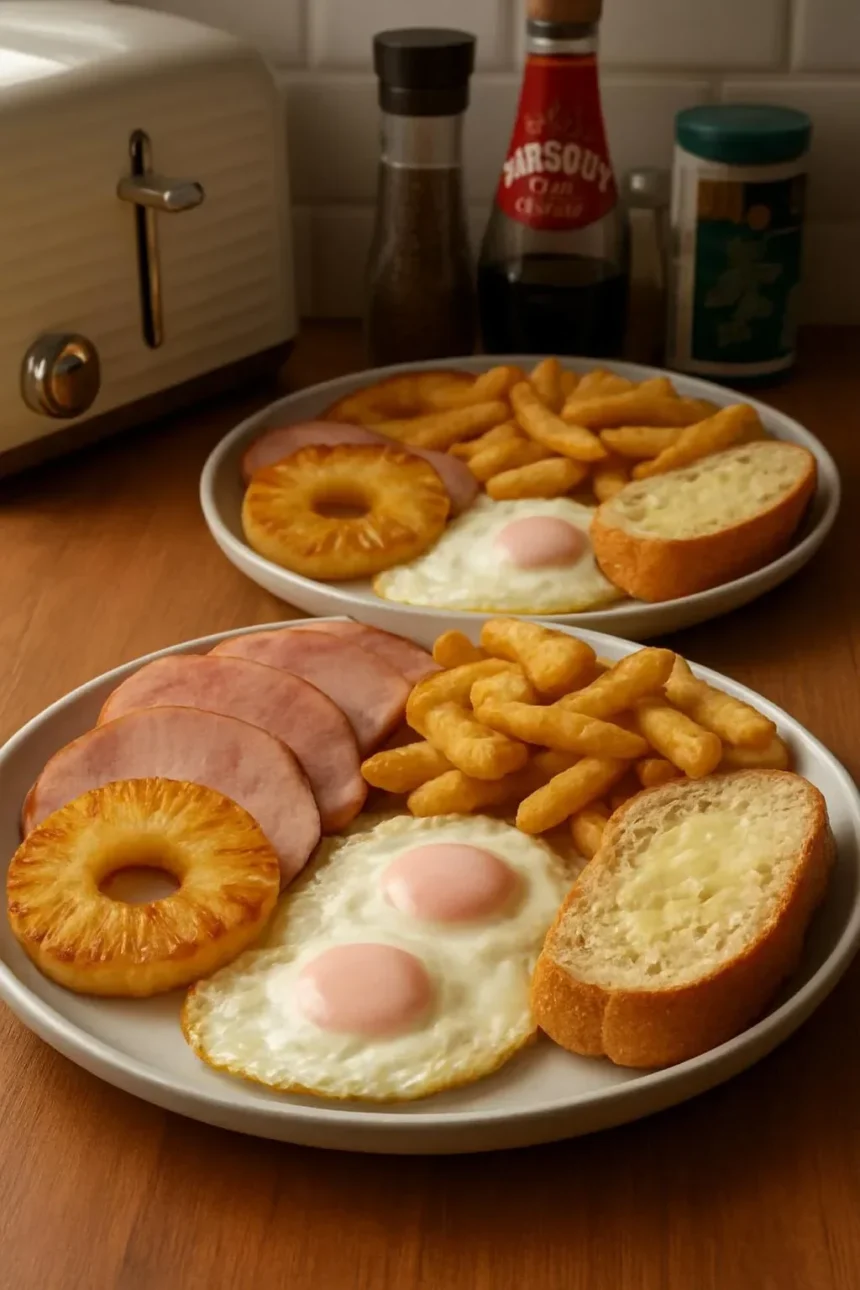 Plate of Ham and Egg Chips with Grilled Pineapple garnish
