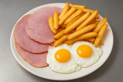 Plate of ham, eggs, and chips served for breakfast or brunch