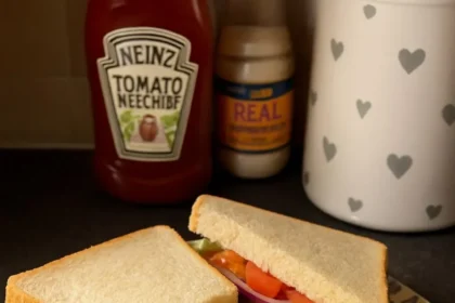 Delicious ham sandwich with a side of salad and chips on a plate