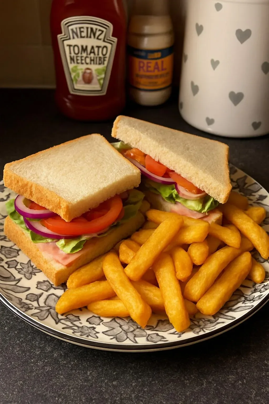 Delicious ham sandwich with a side of salad and chips on a plate
