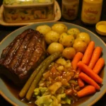 Hickory smoked beef brisket with garlic butter potatoes on a rustic wooden table
